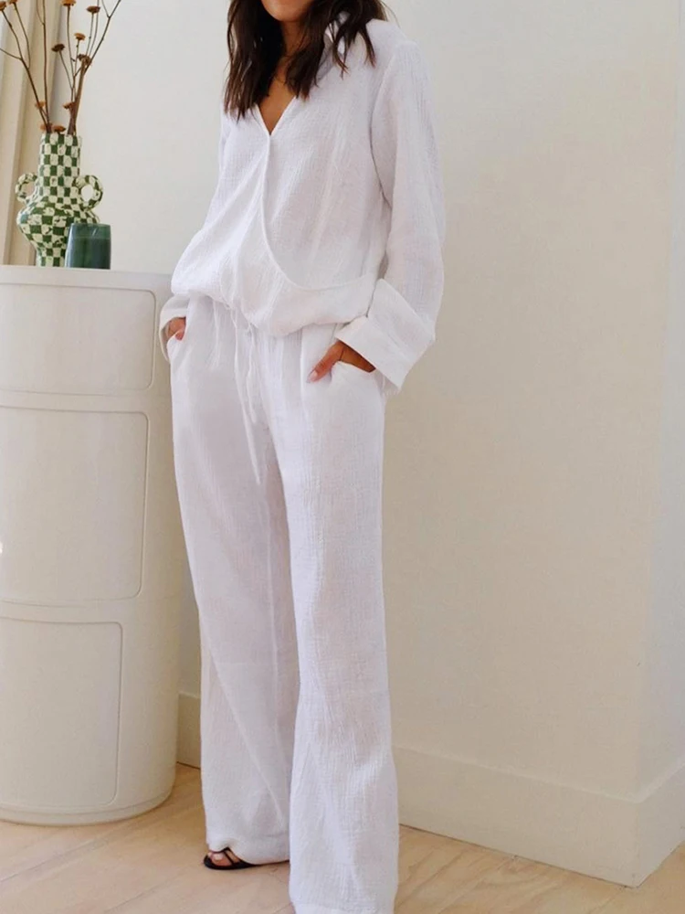 

Linad White Pajamas For Women 2 Piece Sets Loose Long Sleeve Sleepwear Female Casual Trouser Suits 2023 Autumn Cotton Nightwear