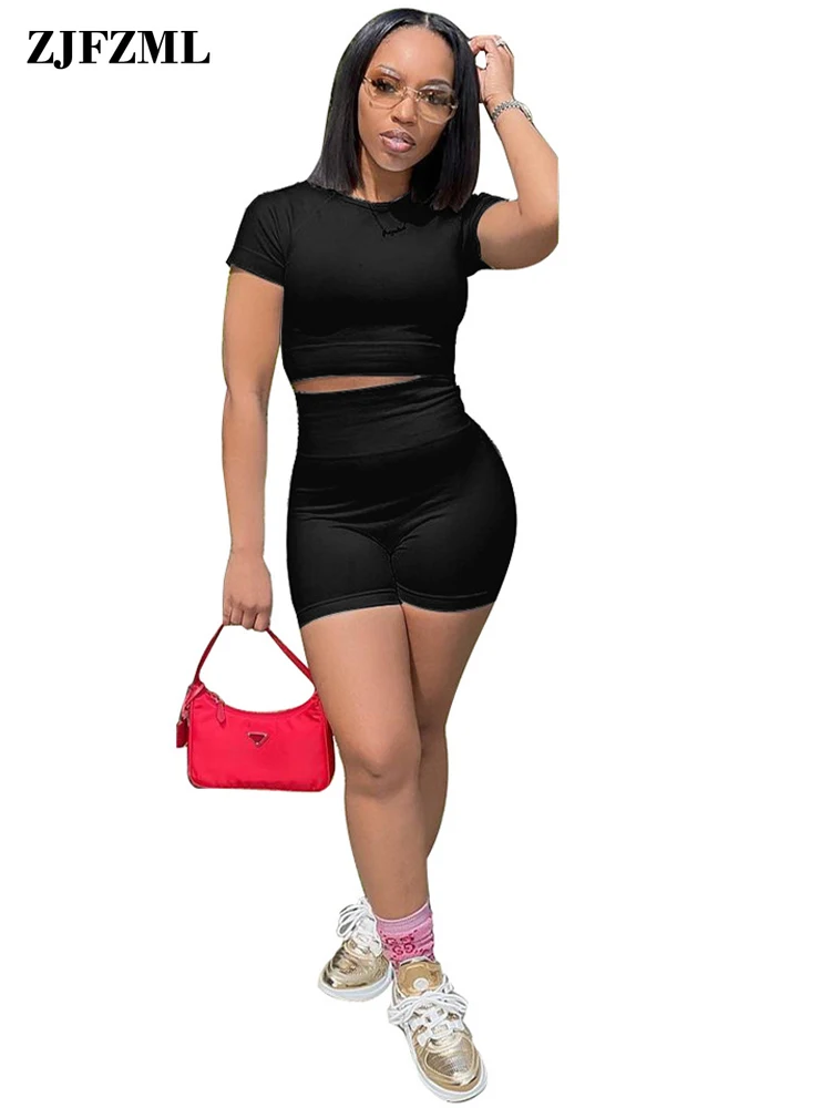

Sexy Fitness Matching Two Piece Set Sporty Suit Short Sleeve Chic T-shirts + High Waist Bandage Shorts Women Legging Club Outfit