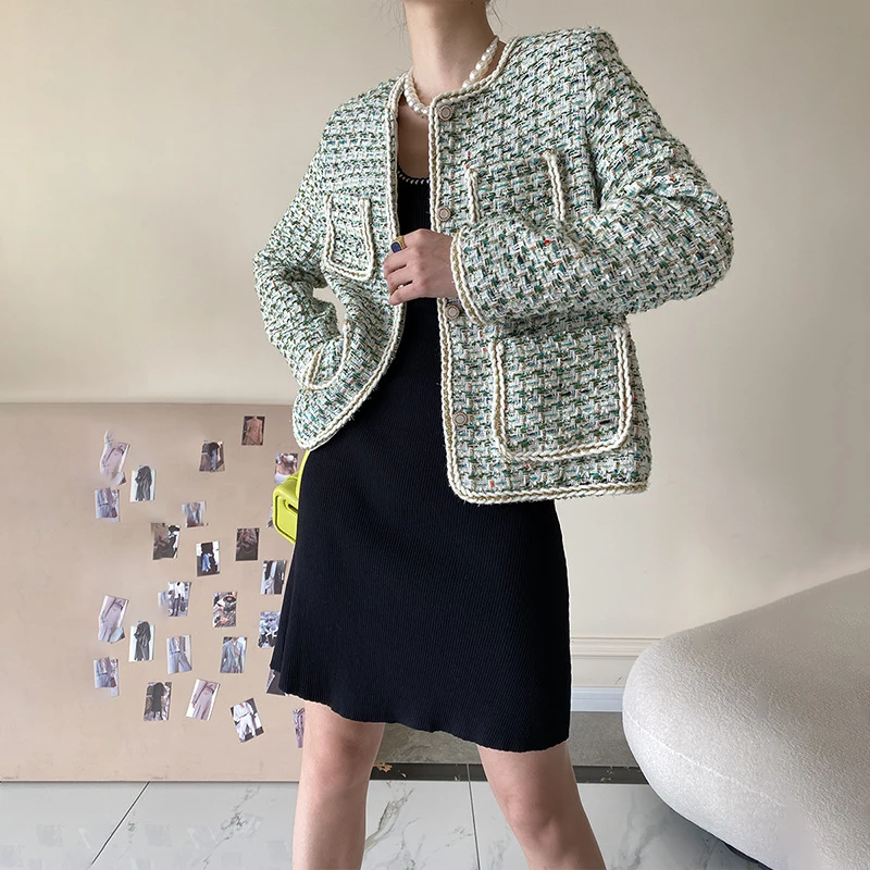 

Куртка женская твидовая в клетку, маленький пиджак в винтажном французском стиле, однобортная офисная верхняя одежда с бахромой, весна-осень