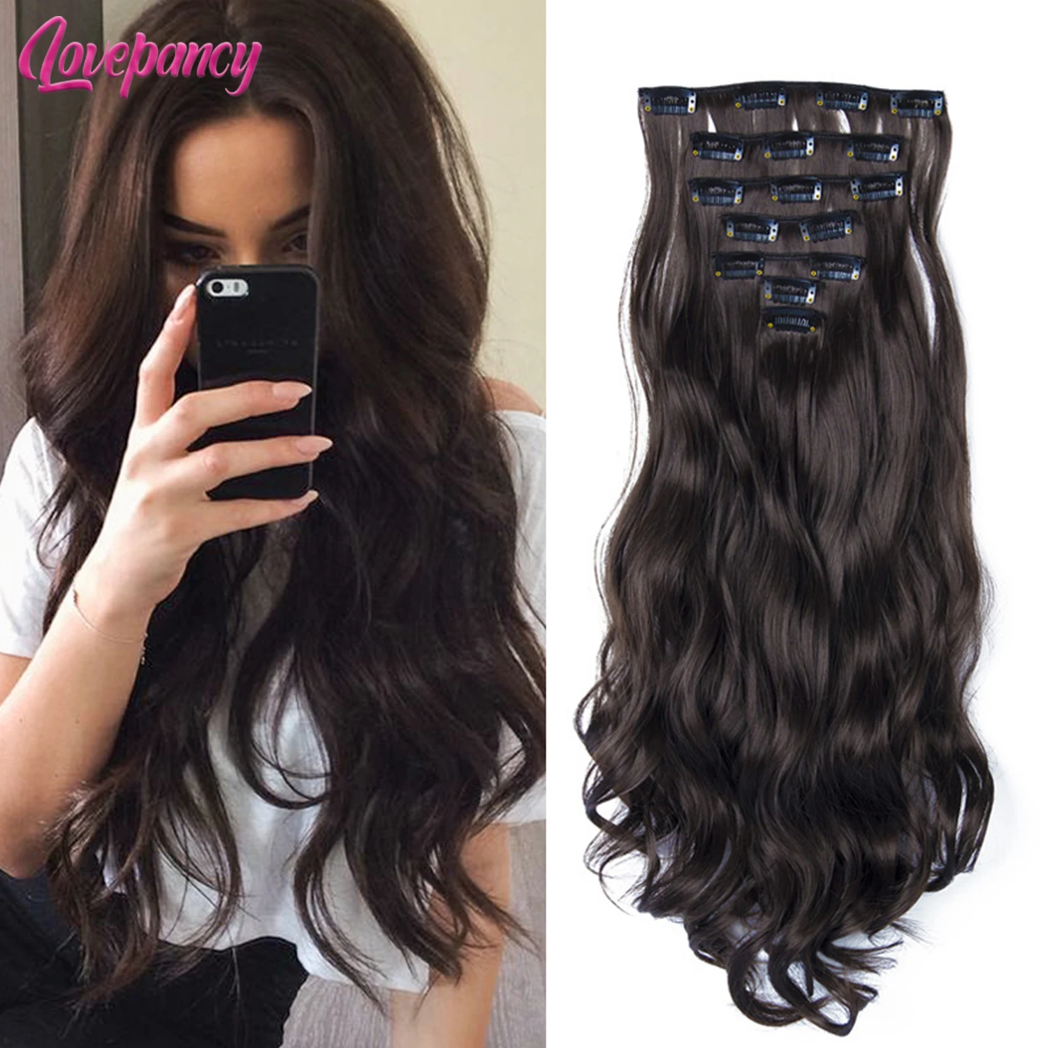 

Lovepancy 22inch Ombre Long curly Hair Extension 7pcs/set 16 Clips High Tempreture Synthetic Hairpiece Clip in Hair Extensions