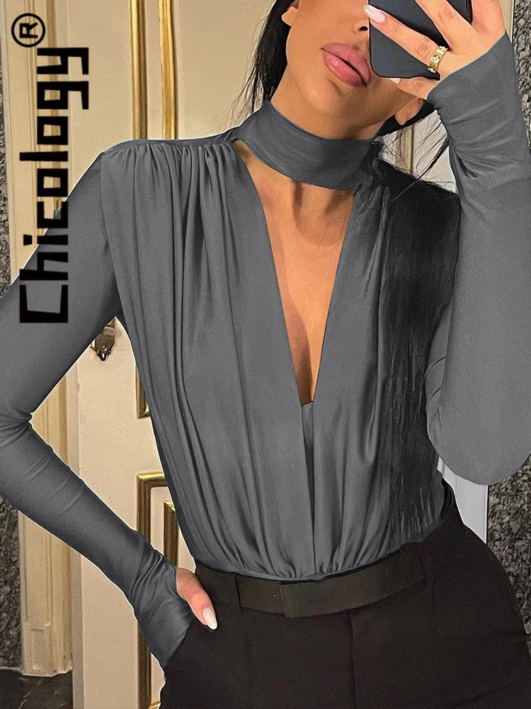 

Chicology, сексуальный, элегантный, v-образный вырез, длинный рукав, сатин, тонкий, боди, Осень-зима, один предмет, топы, вечерние, женская одежда, о...