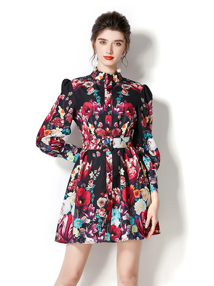 

Runway Autumn Holiday Short Dress Women Clothing Stand Collar Long Lantern Sleeve Flower Print Belted Mini Party Vestidos