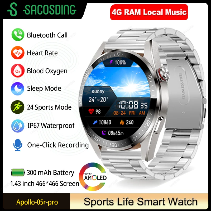 

4GB Local Music Smart Watch recording Voice Assistant AMOLED Screen Smartwatch Bluetooth Call Smart Watches For Men Android 2023