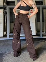 yikuo multi pockets streetwear low rise cargo jeans woman brown vintage 90s aesthetic straight denim pants casual bottoms