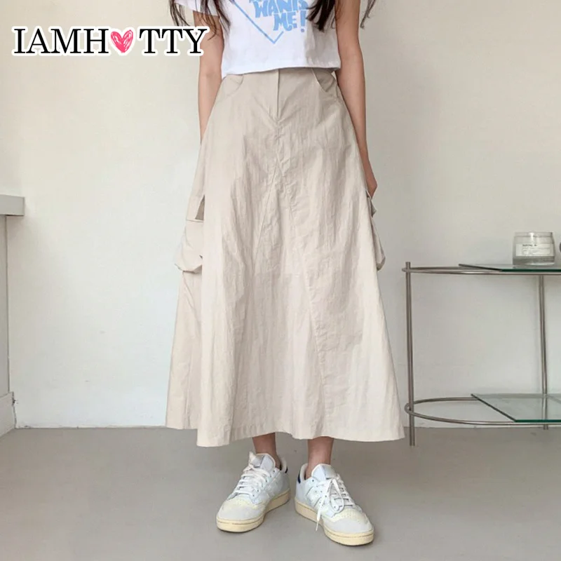 

IAMHOTTY Korean Preppy Style Side Pockets Slit Long Cargo Skirt Beige Color Retro Grunge A-line y2k Skirts Fairycore Streetwear