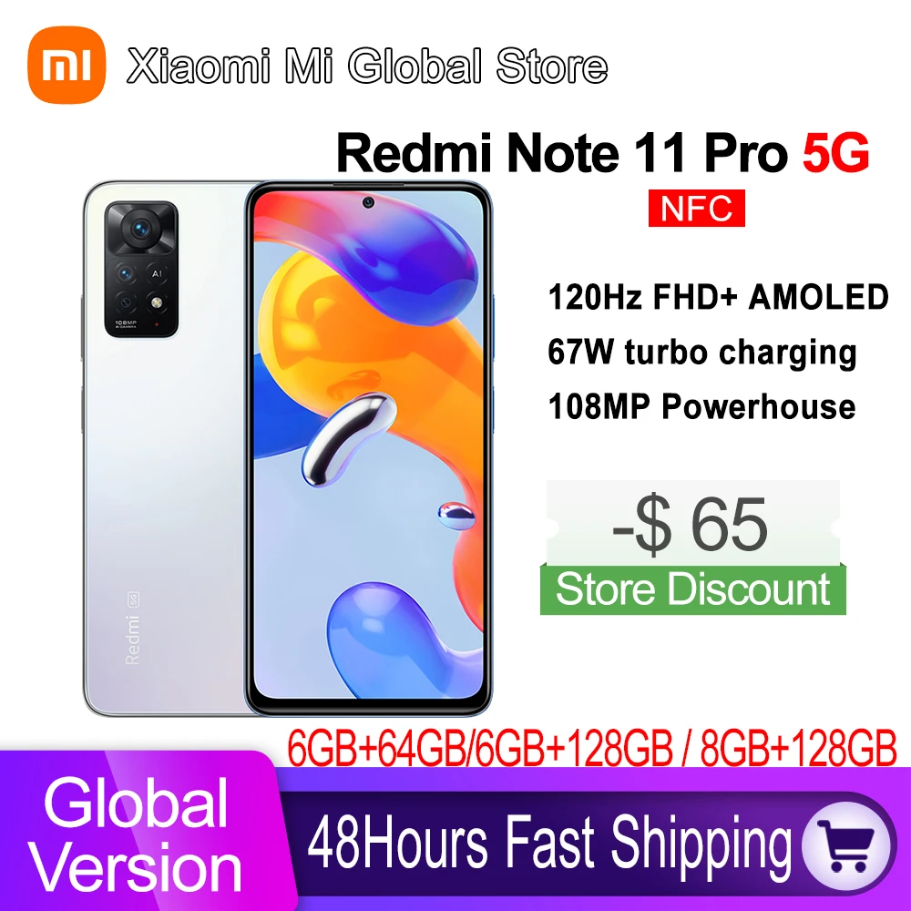 Global Version Xiaomi Redmi Note 11 Pro 5G 6GB RAM 64GB ROM / 8GB RAM 128GB ROM Mobile Phone 108MP Camera Snapdragon 695 120Hz