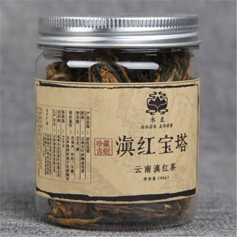 

60g Chinese Organic Black Tea Yunnan Handmade Dianhong Canned Small Pagoda Red Tea Health Care New Cooked Tea