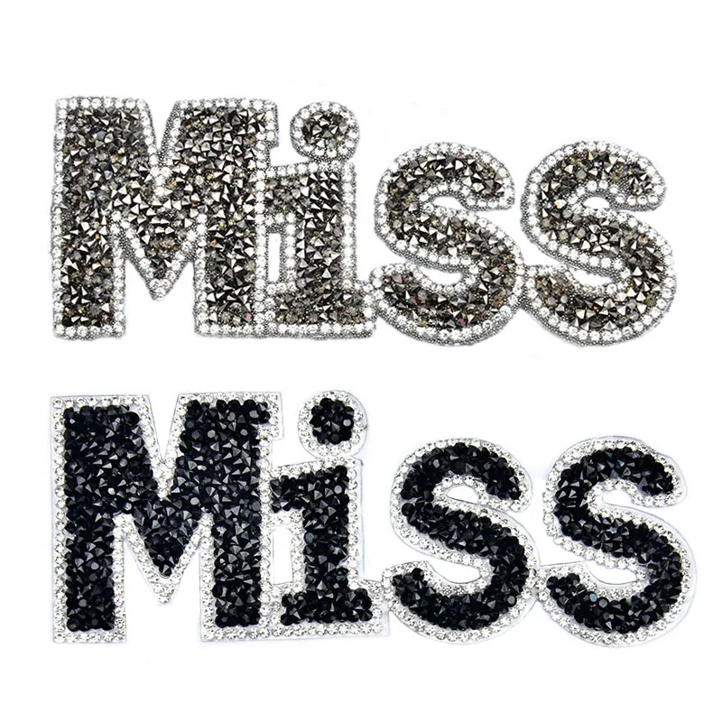 Аппликация Miss Стразы с надписью горячей фиксации черные и серые термоклейкие