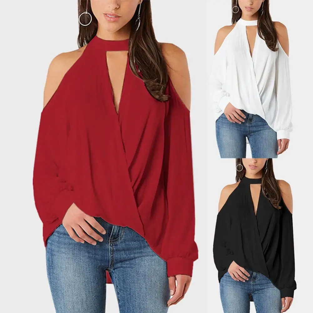 Купи Autumn Sexy Women Solid Color Cold Shoulder Halter V Neck Long Sleeve Blouse за 599 рублей в магазине AliExpress