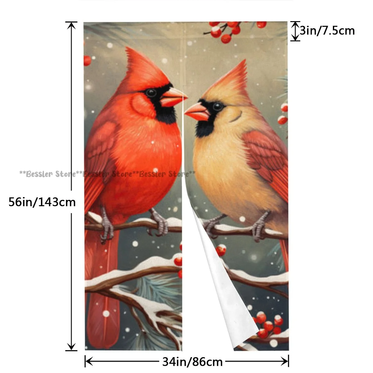 Дверная занавеска с кардинальными птицами сидячи на ветке рождественской елки