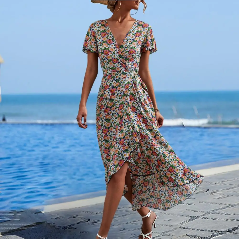 

Платье женское пляжное ТРАПЕЦИЕВИДНОЕ с оборками, пикантное вечернее с запахом, с коротким рукавом, с цветочным принтом, на шнуровке, лето ...