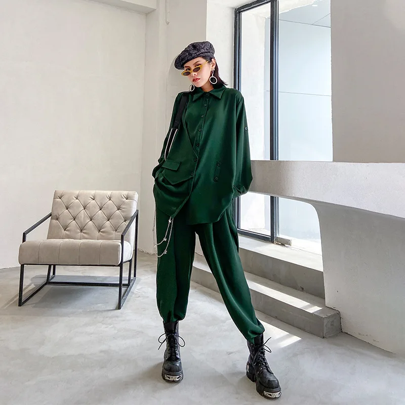 

SuperAen Two-piece Suit Women's 2022 Spring Autumn Solid Loose Irregular Shirt Casual Straight Pants