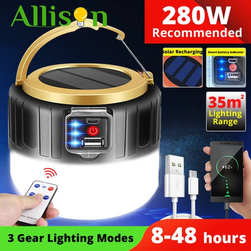 280 Watts Solar LED Camping Light USB Rechargeable Bulb For Outdoor Tent Lamp Portable Lanterns Emergency Lights For BBQ Hiking