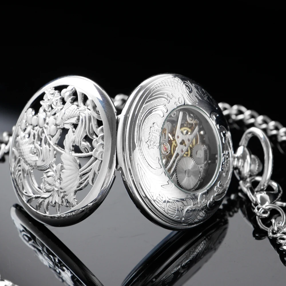 Silver Carp Hollowed-Out Design Mechanical Manual Pocket Watch Roman Digital Skull Dial Pendant Automatic Antique Clock Gift