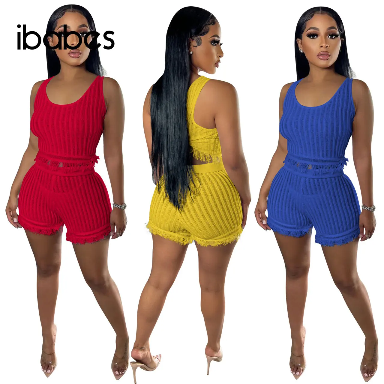 

Tassel Knitting Women 2 Piece Set Sleeveless Tank Top Skinny Shorts Matching Set 2023 Summer Sexy Night Club Party Tracksuits