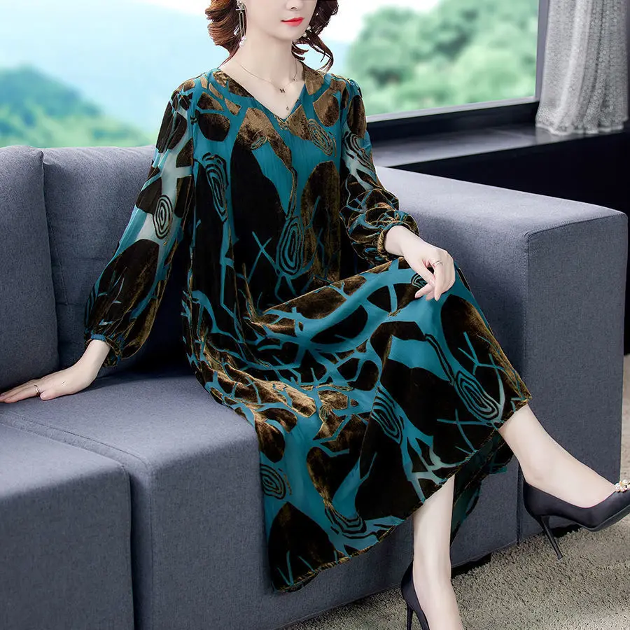 

Velvet Dress Women's Spring Autumn New Printing Lantern Sleeve Dress Luxurious Temperament Fashion Loose Women Dresses K06