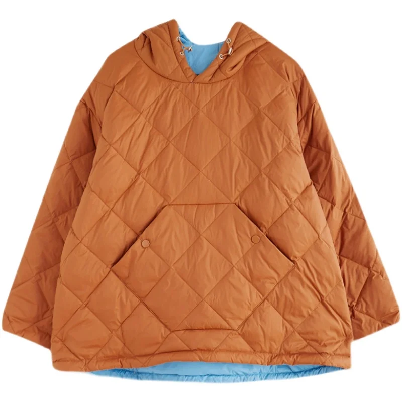 Plus Size Women's Winter Korean Style Casual Contrast Color Stitching Quilted Rhombus A Lightweight Hooded Down Jacket