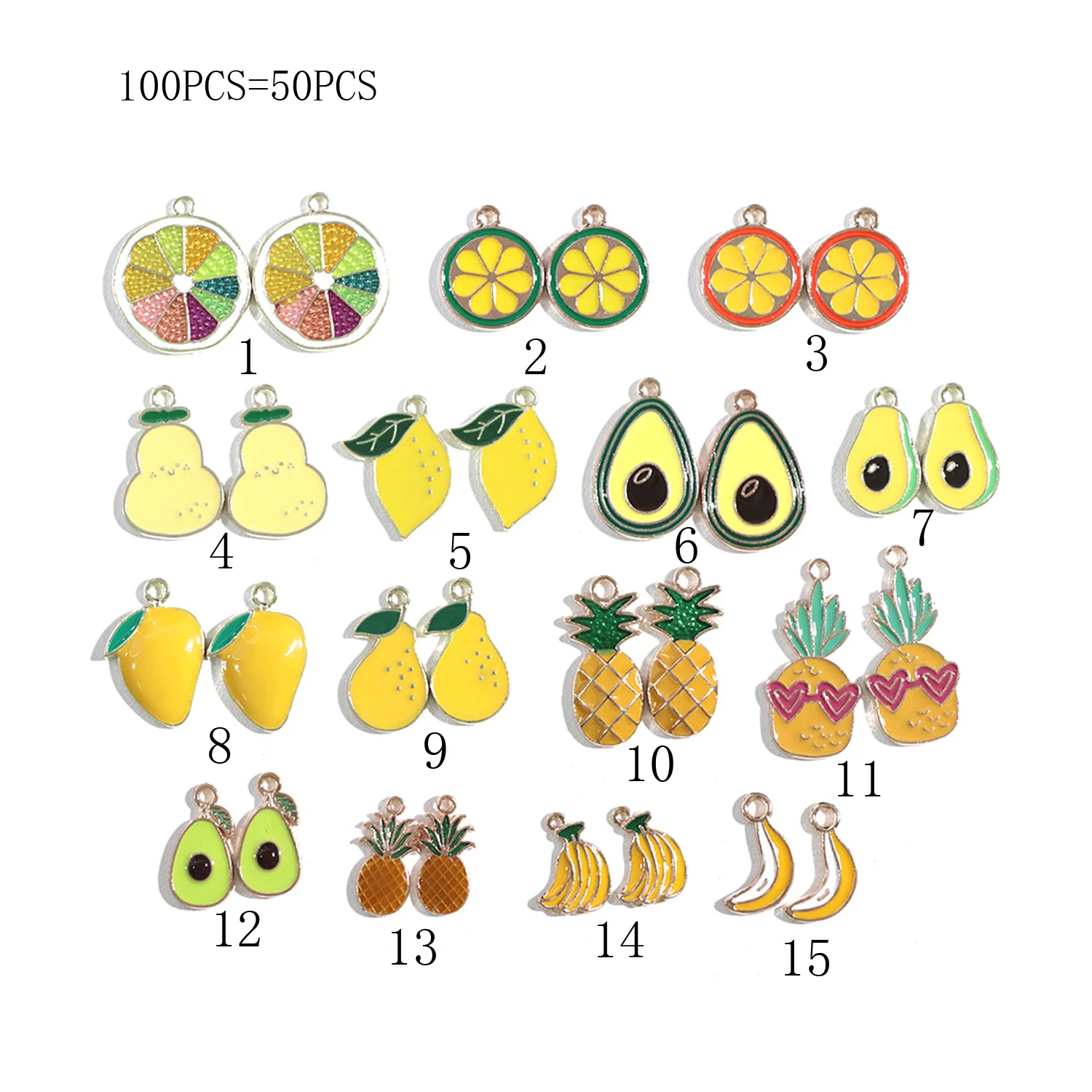 

100Pcs Wholesale Alloy Pineapple Avocado Mango Lemon Fruit Pendants Charms For Jewelry Making Earring Necklace Keychain DIY Gift