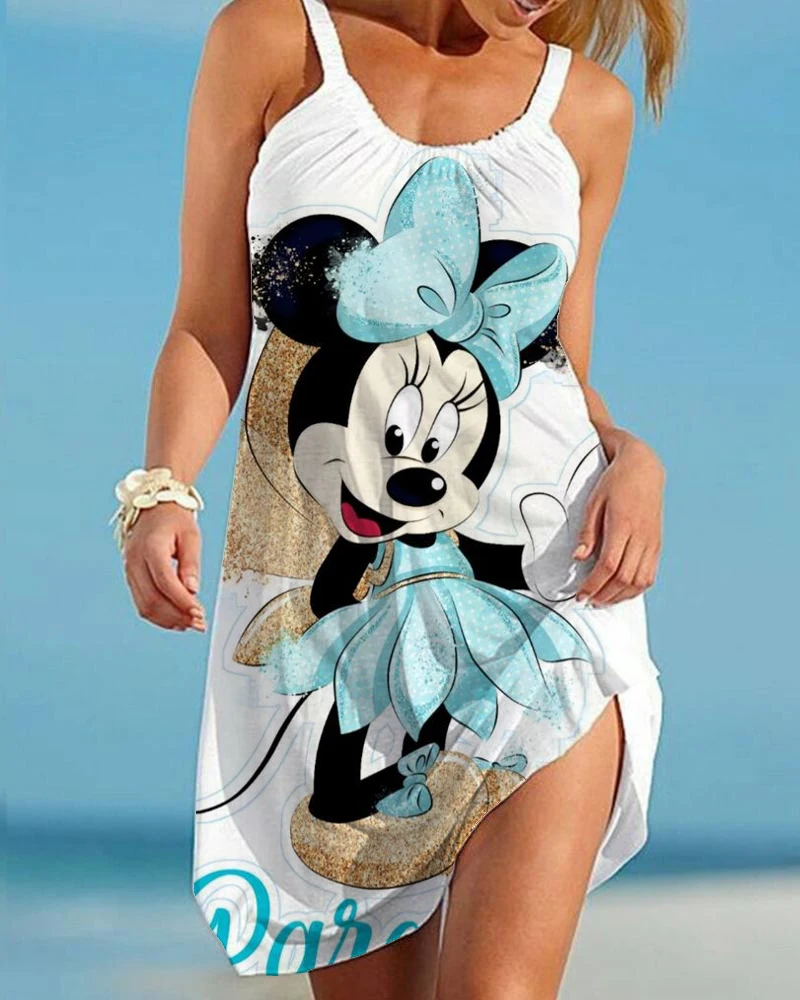 

Женское мини-платье на бретельках, летнее короткое пляжное платье с 3D-принтом Минни и Микки Маус, платье без рукавов, 2022