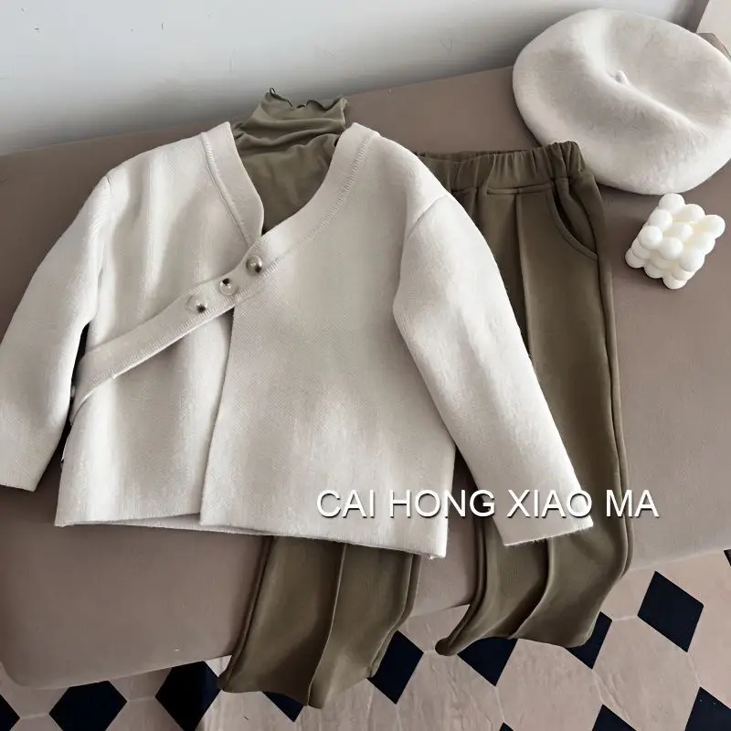 

Комплект из трех предметов для девочек, трикотажный кардиган с длинным рукавом, нижнее белье, брюки с длинным рукавом и высоким воротником, необычные, весна-осень