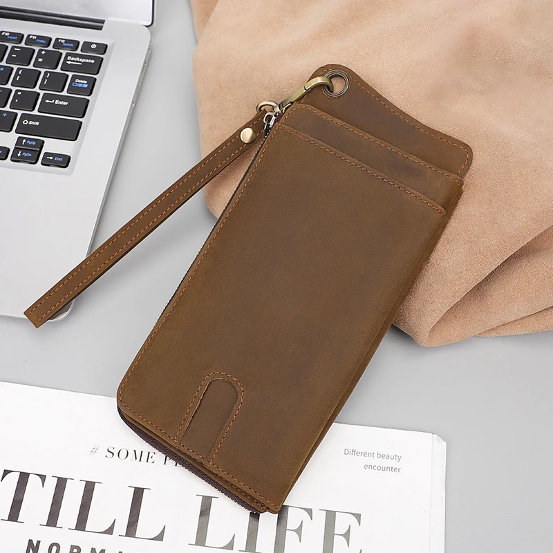 

Retro leather wallet men RFID anti-theft brush hand grab bag crazy Horse pidot card long wallet phone bag card holder long purse