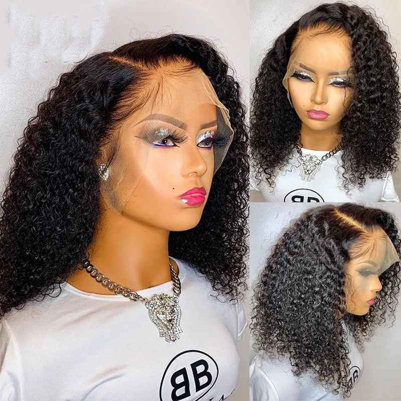 

Blunt Short Bob Kinky Curly Wig Natural Glueless Lace Front Wig For Women Baby Hair PrePlucked Glueless Heat Resistant Fiber
