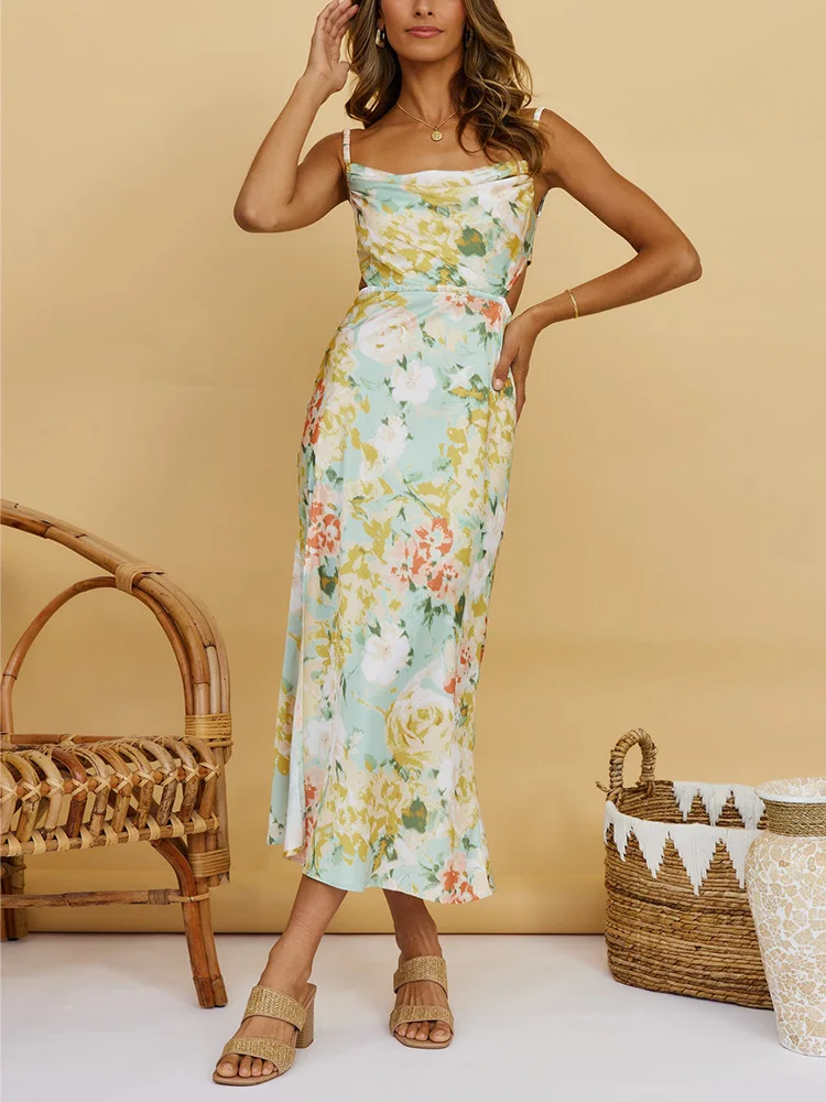 

Женское летнее пляжное платье миди на бретелях-спагетти с воротником-хомутом