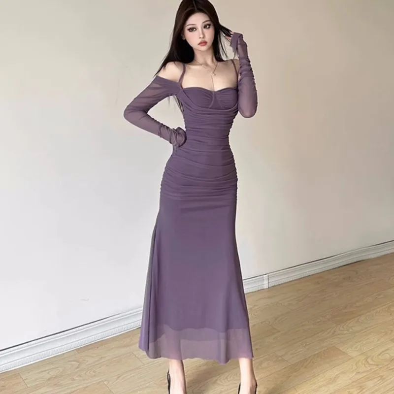 Осенние сексуальные сетчатые облегающие платья для женщин с открытыми плечами