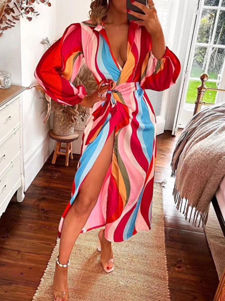 

Women Fashion Print Long Sleeve Long Dress New Lace Up Slim Waist Beach Party Dress Spring Sexy V-Neck Split Shirt Dress Vestido
