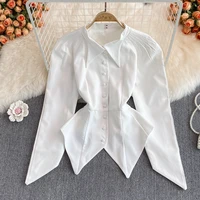 fall 2021 korean style black design high texture single brewed irregular coat fashion polo collar shirt womens top