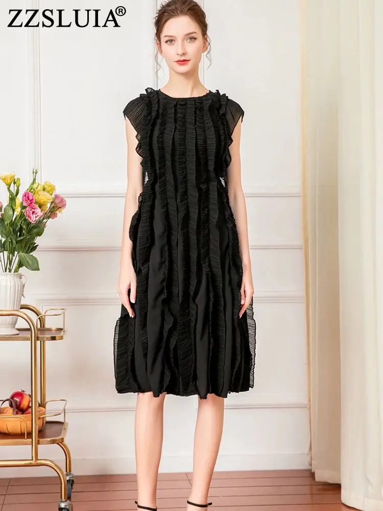 

ZZSLUIA Elegant Dresses For Women Solid Color Shirring Designer Slim Knee Length Dress Fashion Draped Summer Dresses Female