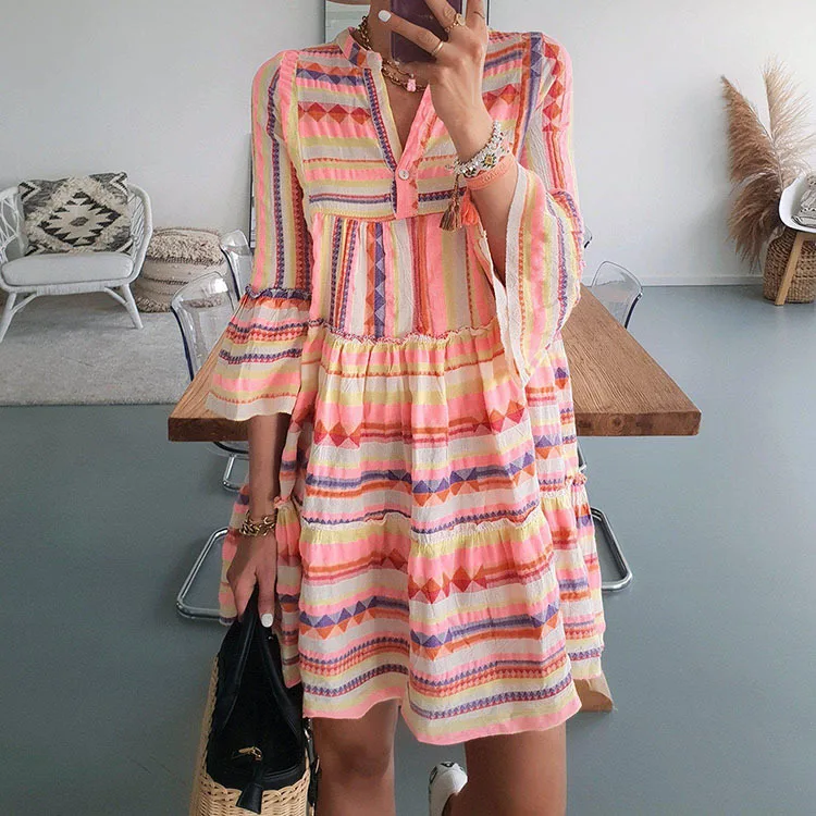 Ladies Dresses 2023 Summer European & American Fashion Women's Geometric Print V Neck Sweet Dress