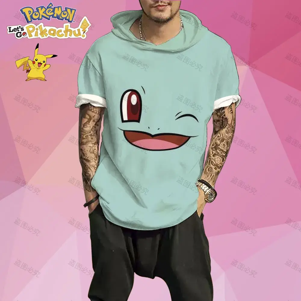 

Pokemon Pikachu Men's Hooded T-Shirts Cute Luxury T-shirt Cartoon Y2k Fashion Hip Hop Harajuku GYM Tops European Size Streetwear