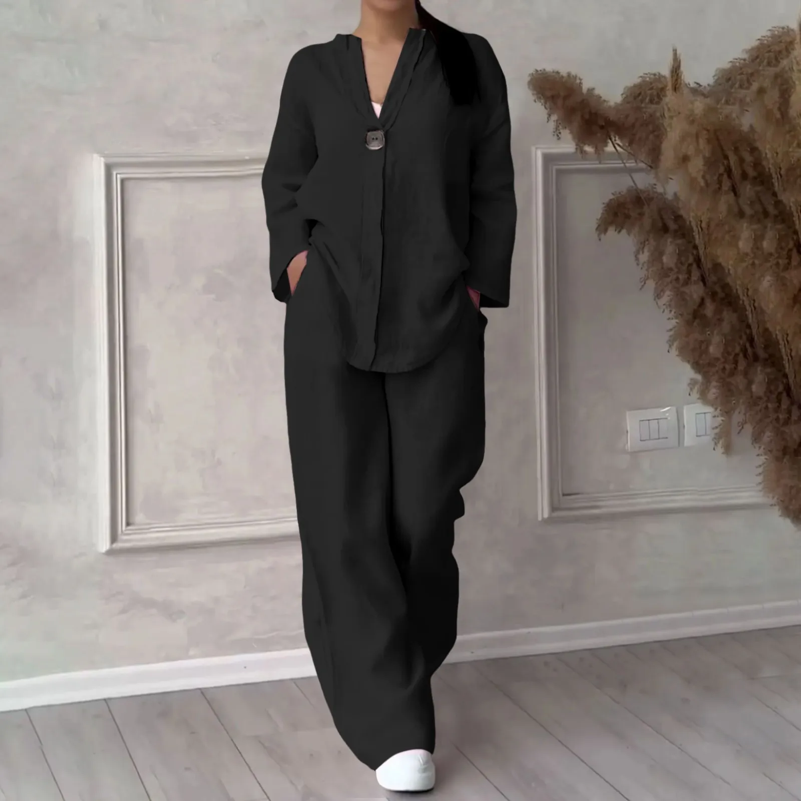 Женский Повседневный комплект из двух предметов блузка смешанного хлопка и