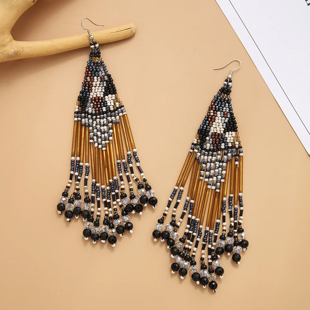 

Серьги-подвески с длинными трубками, оригинальное ручное плетение, богемные, из сплава, ретро, с узором в виде дыхательных токов, бисерные се...