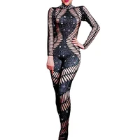 black sexy striped rhinestones perspective jumpsuit backless stretch outfit personality performance nightclub outfit women