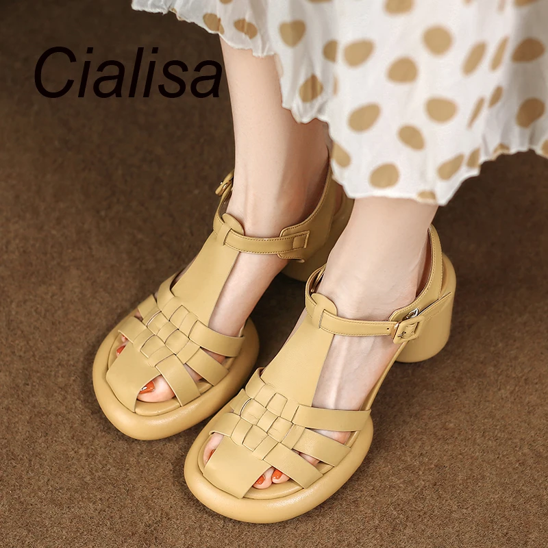 

Сандалии Cialisa женские из натуральной кожи, босоножки на платформе, повседневная Летняя обувь в римском стиле, на высоком каблуке, с ремешком с пряжкой, желтые, 40