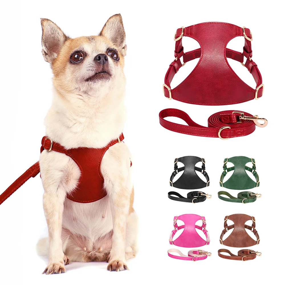 

PU Leather Dog Harness Leash Set Durable Puppy Dog Harnesses Soft Pet Vest With Walking Lead For Small Medium Dogs Chihuahua Pug