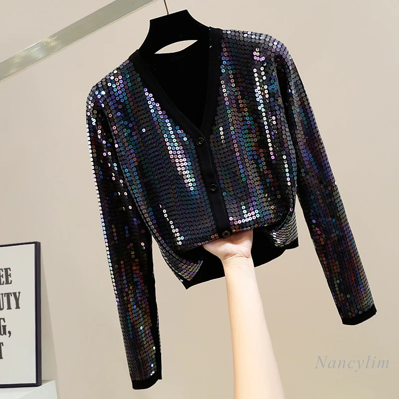 

Женский трикотажный кардиган с вышивкой и блестками, однобортное короткое трикотажное пальто с V-образным вырезом