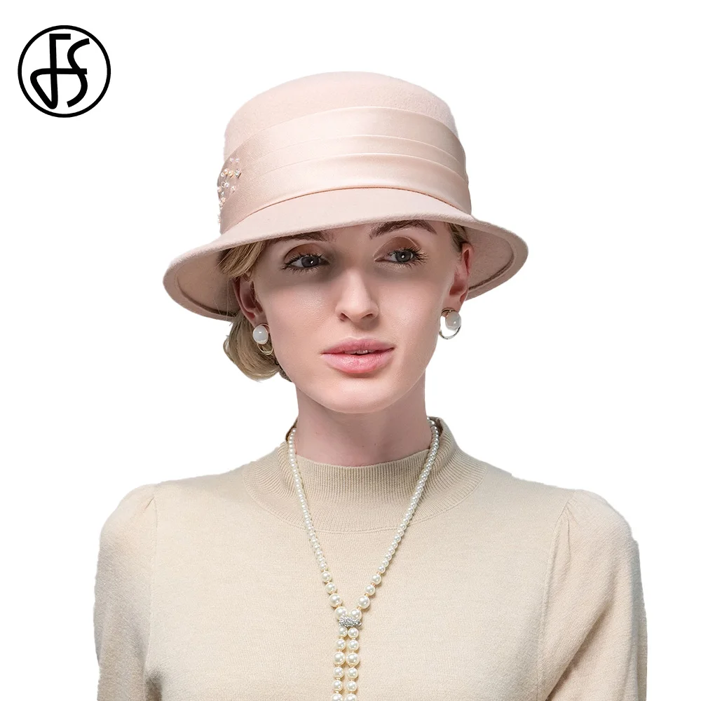 FS 2023 Wool Felt Fedoras Light Camel Luxury Hats For Women With Small Beads Millinery Ladies Spring Autumn Formal Bowler Cap