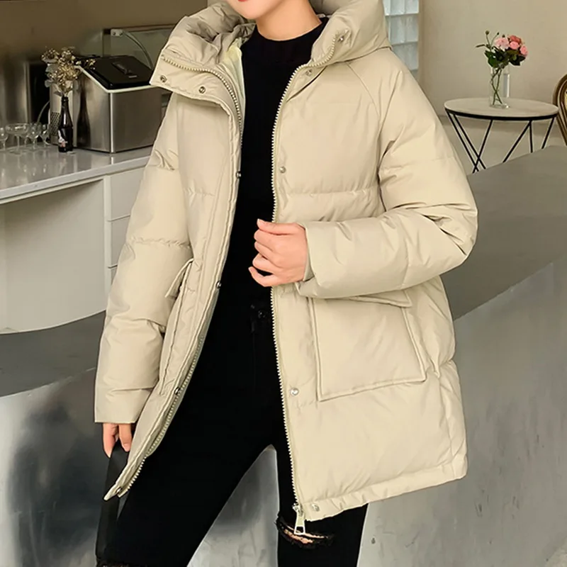 Autumn Winter Thicken Warm Medium Long Chic Parka Women Casual Sweety Solid Color Big Pocket Loose Hooded Coat Jackets Outwear