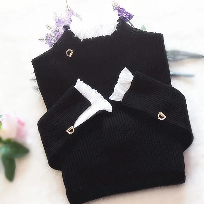 

Korean Patchwork Warm Sweater Women Elegant Long Sleeve Slim Turtleneck Knitted Pink Tops Chic Ruffle Pullover Fake 2 Pieces