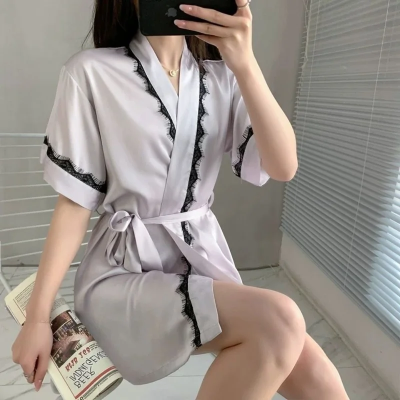 

Women's Satin Silk Woman Lace Robe Female Lace Bathrobe Womens Robes Sleepwear Ladies Sexy Robe for Women Drop P48