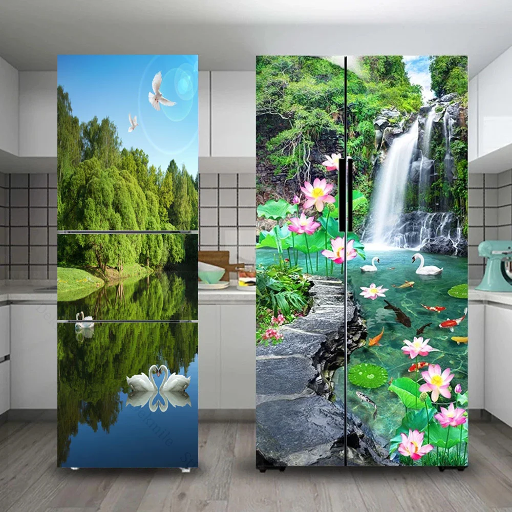 

Natural Swan Waterfall Wallpaper For Refrigerator Lane Flowers Adhesive Vinyl Sticker Kitchen Fridge Wall Wardrobe Decor Decal