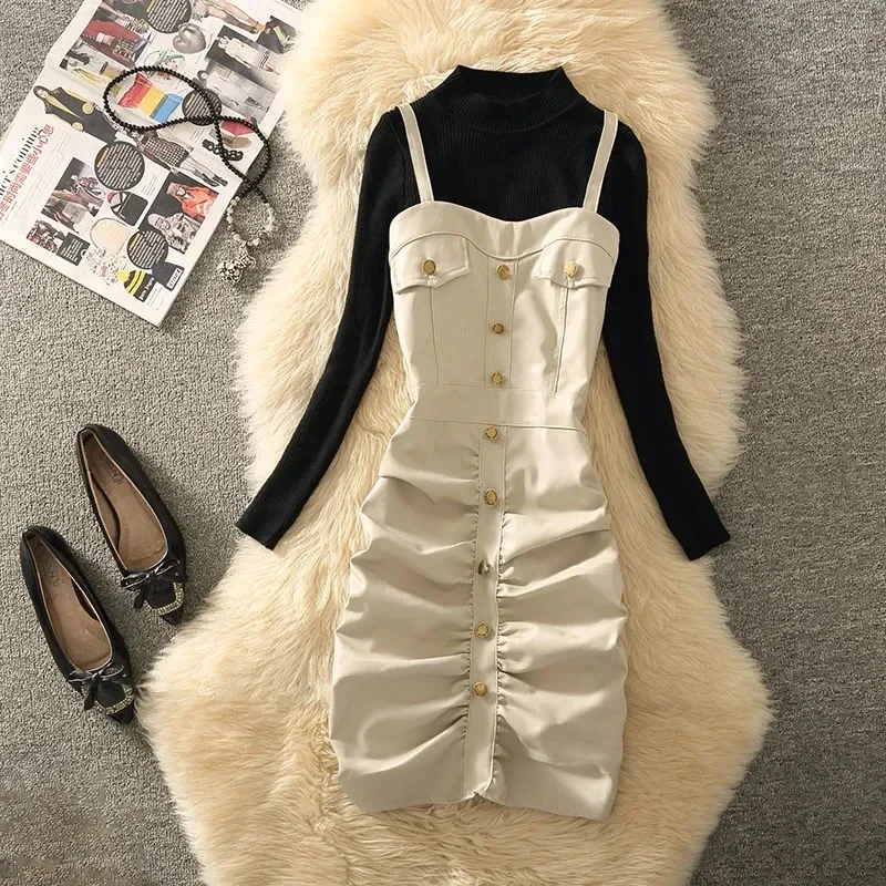 

Faux PU Leather Mini Dress 2 Piece Set Women Sexy Korean Skinny Pleated Spaghetti Strap Dresses Sets Chic Knitted Sweater Suit