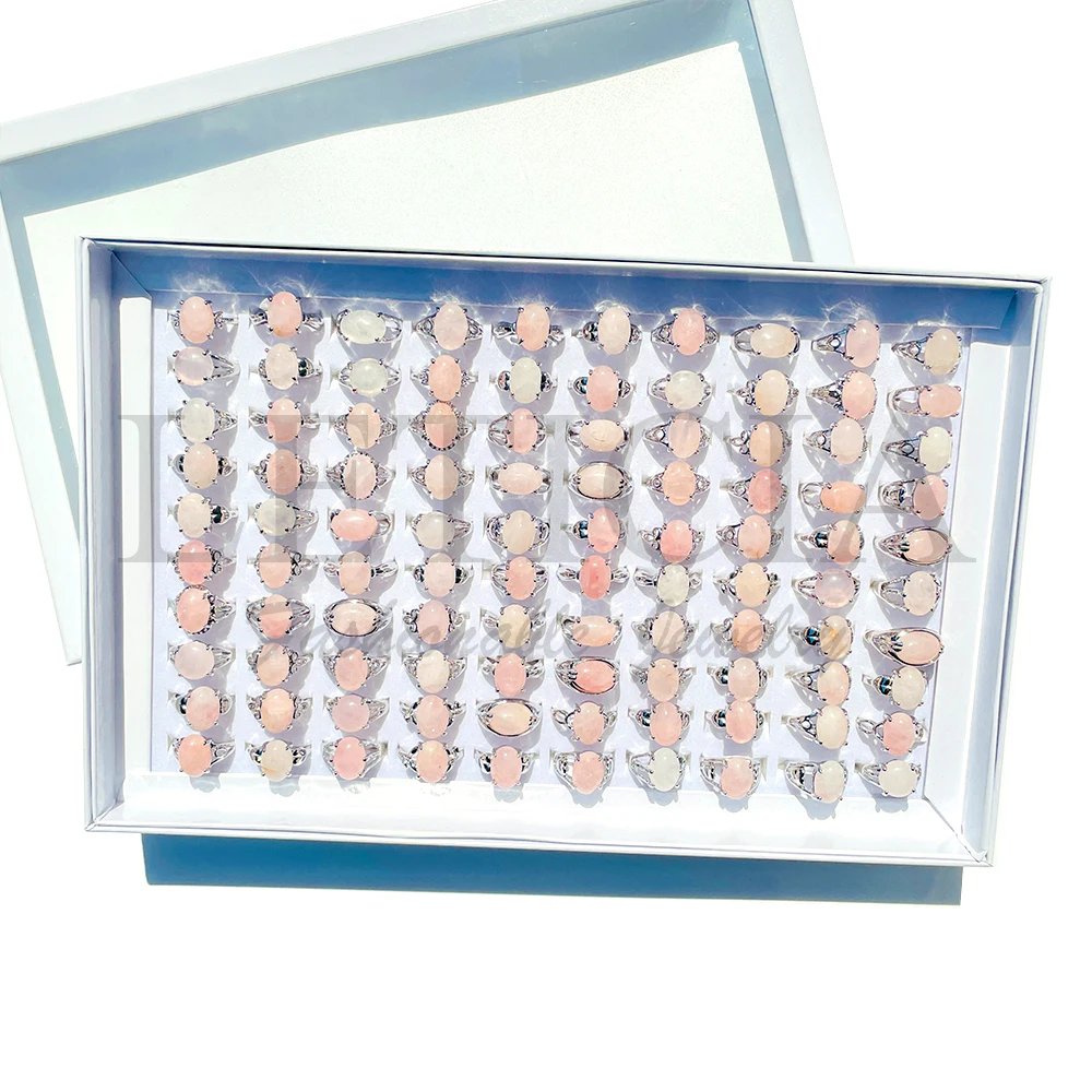 20/50Pcs Fashion Vintage Natural Stone Pink Crystal Ring Gem Rings Jewelry Party Gifts Accessories Kit