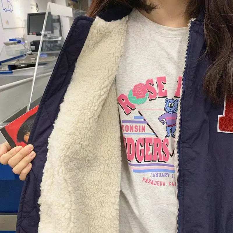 Куртка-бомбер женская оверсайз из овечьей шерсти в Корейском стиле