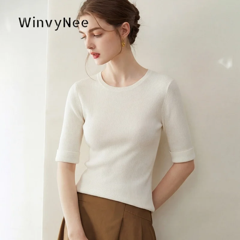 Фото Женская трикотажная футболка WinvyNee из тонкой чистой шерсти Yangzi, однотонная, с отворотами на рукавах, легкая, осенне-зимняя, ZA1827010 №3