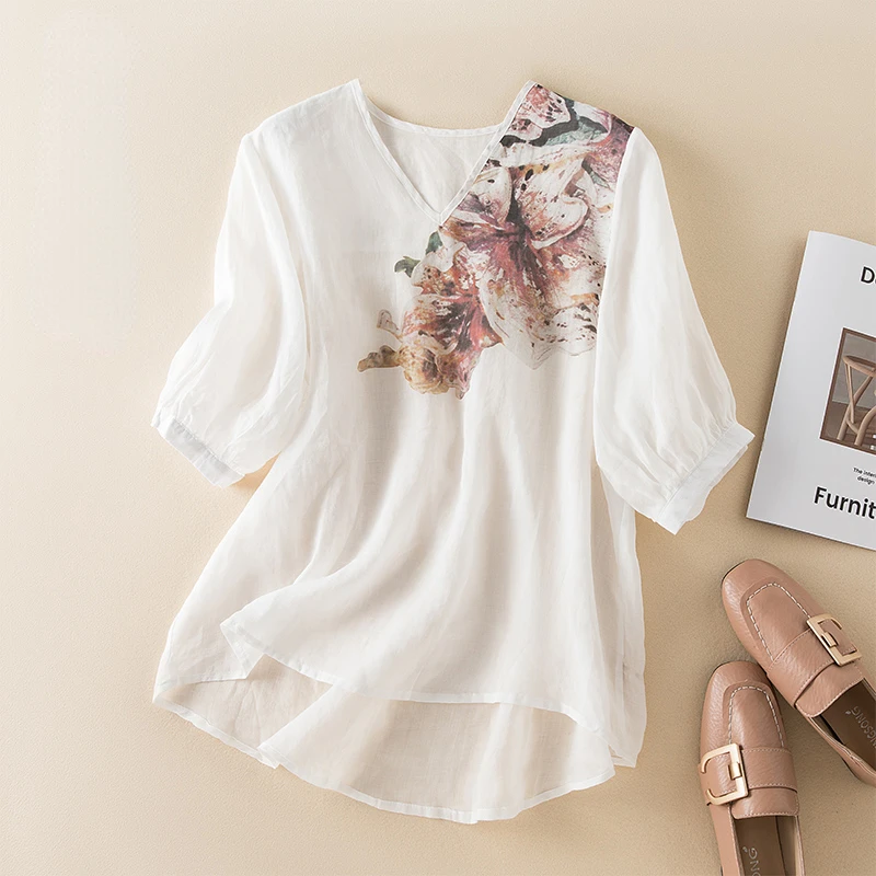 

Cotton Linen Shirt for Women Summer 2023 New In Floral Printed Blouses Loose Short Sleeve Top Chinese Style V-neck YCMYUNYAN