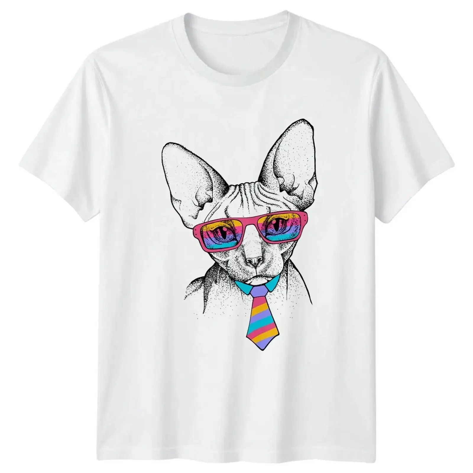 Фото Футболка Sphynx Katze с красочными очками и галстуком, подарок для него и для нее, винтажная, с эффектом потертости, дышащая, уличная одежда, с графическим принтом, унисекс №1